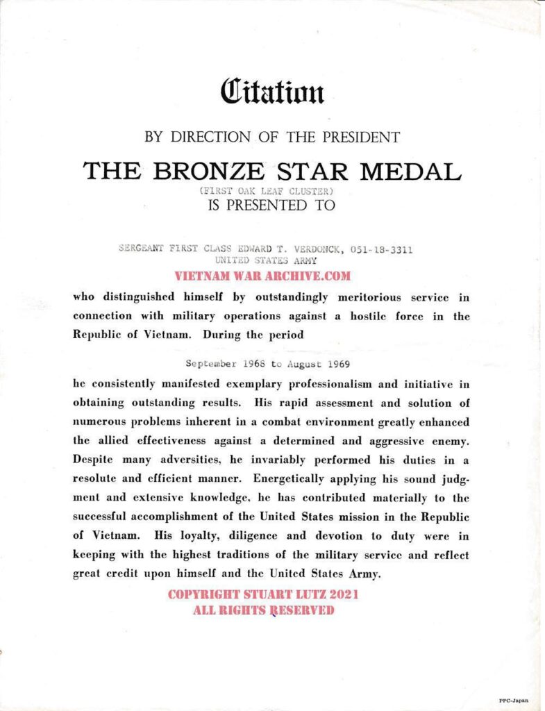 A Bronze Star Citation for Sergeant Edward T. Verdonck Vietnam War
