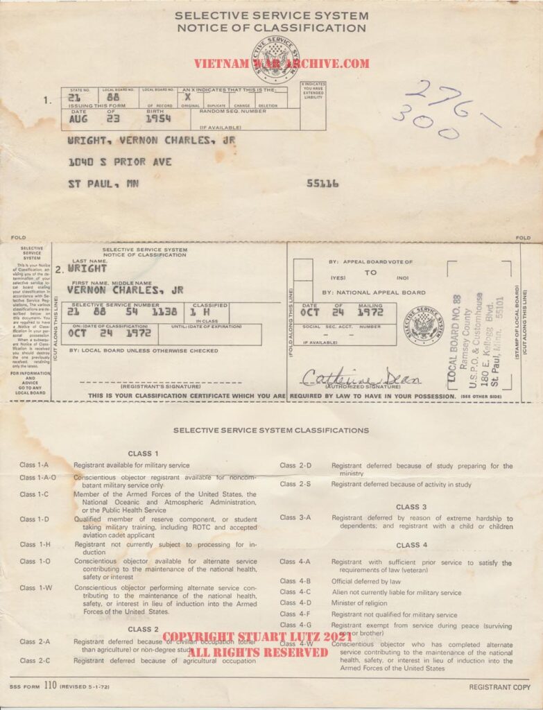 A Selective Service Notification (Draft Card) For A Young Minnesota Man